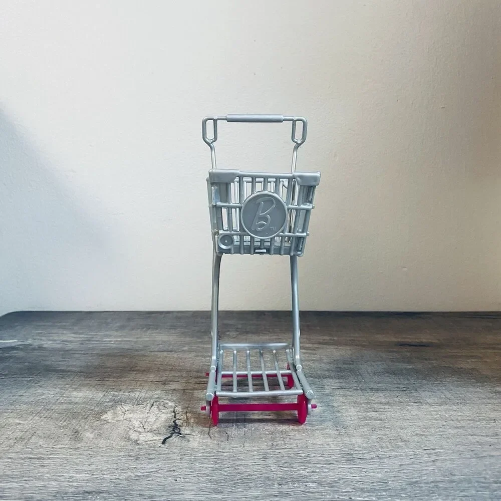 Mattel Barbie Doll Shopping Cart Grocery Store Buggy Gray Plastic Pink Wheels